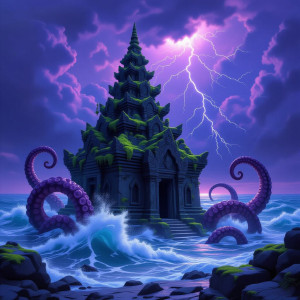 An ancient, moss-covered stone temple partially submerged.jpg
