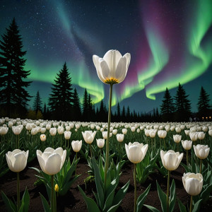 Giant white tulip in magical garden under aurora borealis.jpg
