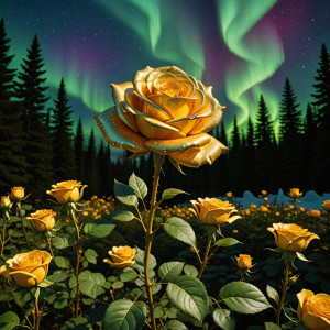 Giant golden rose in magical garden under aurora borealis.jpg