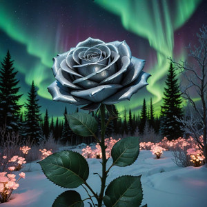 Giant silver rose in magical garden under aurora borealis.jpg