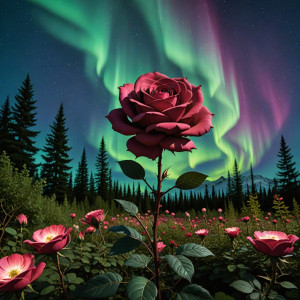 Giant iron rose in magical garden under aurora borealis.jpg