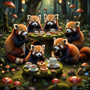 A group of red pandas gathered for a cozy, whimsical tea party.jpg