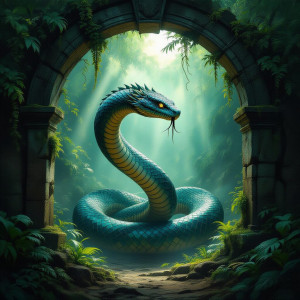 A colossal, ancient serpent coiled around a crumbling, moss-covered stone.jpg