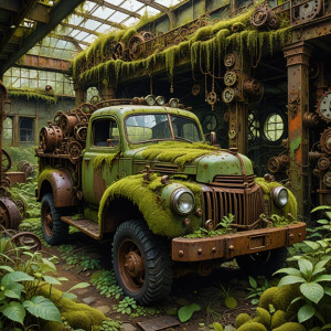 A single, rusted truck is half-buried amongst the mechanical flora - DXL.jpg
