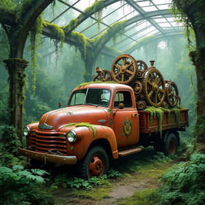 A single, rusted truck is half-buried amongst the mechanical flora - Н11.jpg