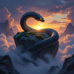 A colossal, ancient serpent coiled around a massive, moss-covered stone.jpg