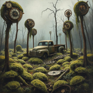 A single, rusted truck is half-buried amongst the mechanical flora - ОАL.jpg