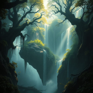 A dense, ancient forest with gnarled trees and glowing flora.jpg