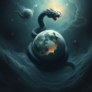 A solitary, obsidian serpent coiled around a fragment of a shattered moon.jpg