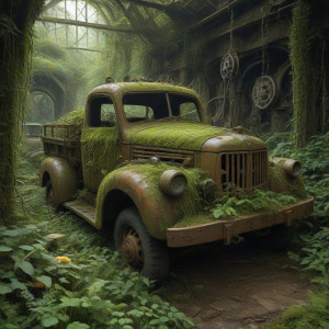 A single, rusted truck is half-buried amongst the mechanical flora - JXI.jpg