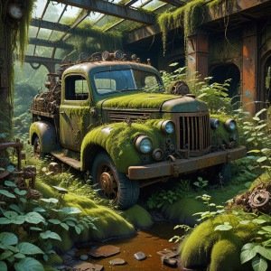 A single, rusted truck is half-buried amongst the mechanical flora - ВХ.jpg