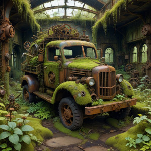 A single, rusted truck is half-buried amongst the mechanical flora - АХ.jpg