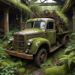 A single, rusted truck is half-buried amongst the mechanical flora - МХ.jpg