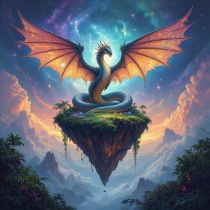 A majestic, winged serpent coiled around a floating island.jpg