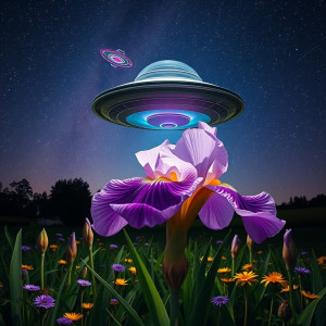 UFO over beautiful giant iris flower in magical garden.jpg