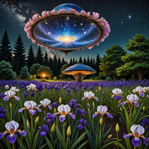 UFO over beautiful giant iris flower in magical garden - DXL.jpg