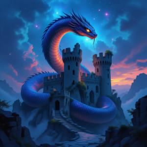 A colossal, ancient serpent coiled around a crumbling medieval castle.jpg
