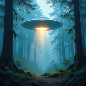 An ethereal UFO hovering silently above a vast, untouched forest.jpg