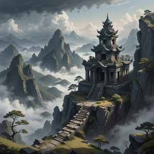 A lone, abandoned temple ruin on a mist-shrouded mountain peak.jpg