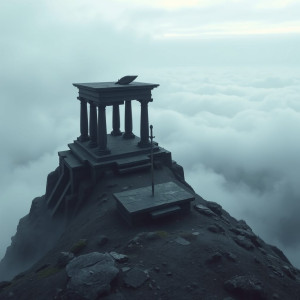 A lone, abandoned temple ruin on a mist-shrouded mountain peak - FS.jpg