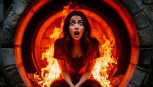 Scared beautiful woman engulfed in roaring flame sits inside burning furnace.jpg