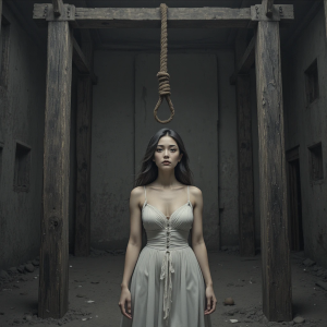 Beautiful woman stands under gallows with noose hanging from above - PL1.png