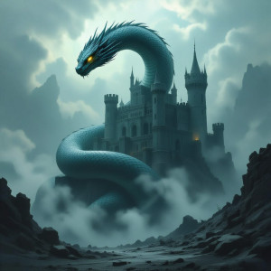 A colossal, ancient serpent coiled around a crumbling, obsidian castle.jpg