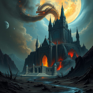A sprawling, gothic castle built into the side of a dormant volcano.jpg