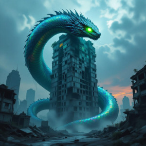 A colossal, ancient serpent coiled around a derelict, overgrown skyscraper.jpg