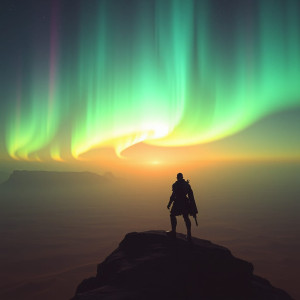 A lone warrior, silhouetted against a vibrant aurora borealis.jpg