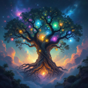 A colossal, ancient tree with roots that delve into a swirling nebula.jpg