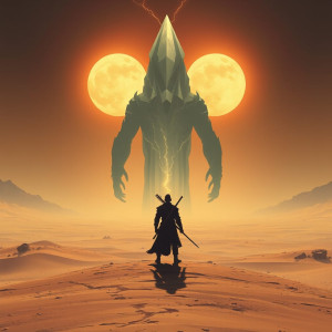 A lone samurai warrior stands on a windswept, alien desert planet.jpg