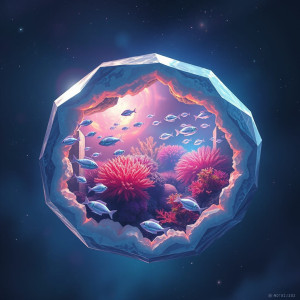 A vibrant coral reef flourishes within a giant, transparent geode.jpg