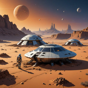 A derelict UFO, half-buried in the sands of a desolate alien desert.jpg