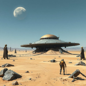 A derelict UFO, half-buried in the sands of a desolate alien desert - JFL.jpg