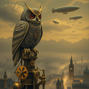 A whimsical clockwork owl, adorned with brass gears.jpg