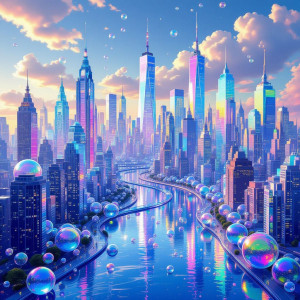 An entire cityscape constructed from flowing, iridescent soap bubbles.jpg