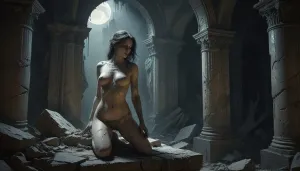Pagan Model on Gothic Altar in Moonlit Temple.webp