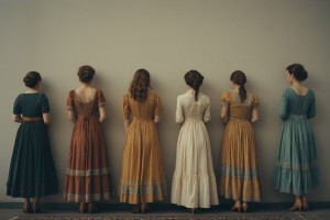 Six beautiful women in vintage clothing stand facing the wall - P1.jpg