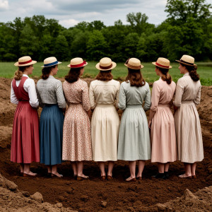 Six beautiful women in vintage clothes stand facing the freshly dug ditch - 1.jpg