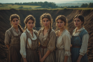 Six beautiful women in vintage clothes stand facing the freshly dug ditch - 3.jpg