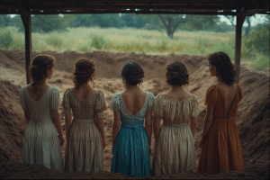 Six beautiful women in vintage clothes stand facing the freshly dug ditch - 4.jpg
