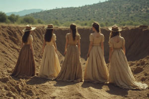 Six beautiful women in vintage clothes stand facing the freshly dug ditch - 5.jpg