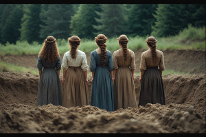 Six beautiful women in vintage clothes stand facing the freshly dug ditch - 6.jpg