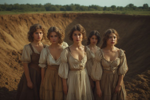 Six beautiful women in vintage clothes stand facing the freshly dug ditch - 7.jpg