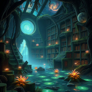 An ancient, overgrown library, its shelves filled with forgotten tomes.jpg