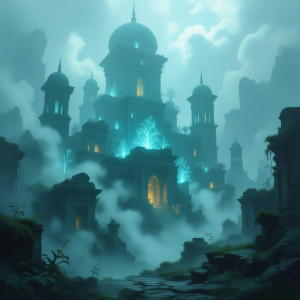 An ancient, overgrown city emerges from a dense, mystical fog.jpg