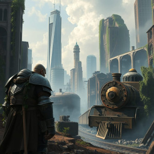 A stoic warrior, clad in salvaged armor, surveys a ruined cityscape.jpg