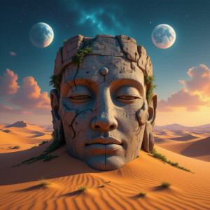 An ancient, colossal stone head, half-buried in a desert.jpg