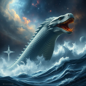 A colossal, serpentine leviathan breaching from a sea of swirling cosmic dust and nebulae.jpg